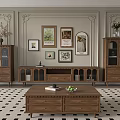 Classic Wooden TV Stand With Framed Artworks Paneled Walls And Glass Door Cabinets