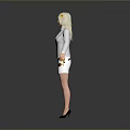 Blonde Woman Standing In White Blazer And White Skirt Against Gray Background