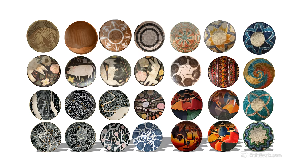 Colorful Decorative Dinnerware Set Featuring Assorted Patterned Bowls In Various Designs 3d model