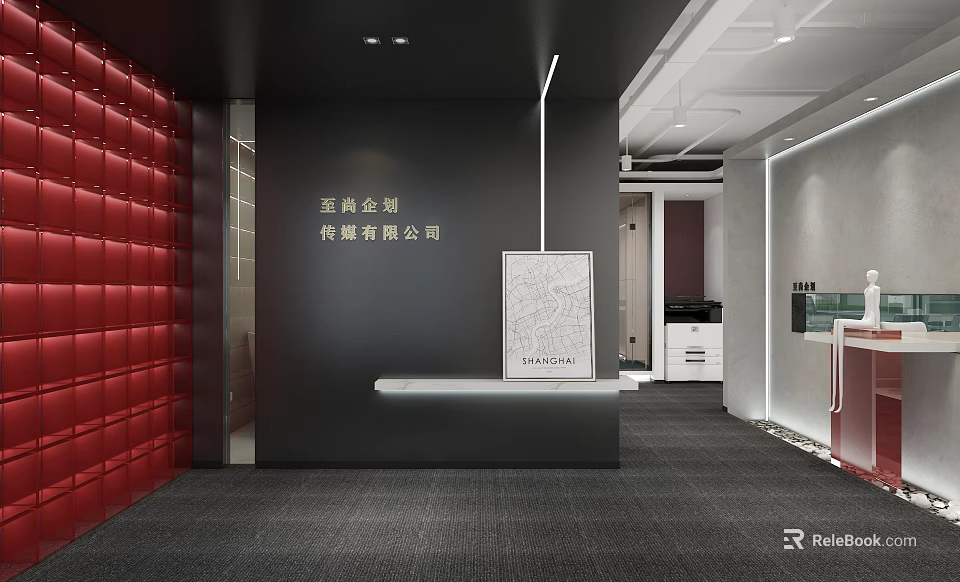 Modern Public Office Space With Red Padded Wall And Gray Carpet Reception Desk 3d model 