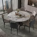 Round Marble Dining Table Set With Six Gray Chairs And City View 3d model