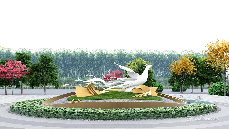 Sculpture With White Bird Spread Wings Golden Wave Decorations Green Trees Bamboo Grove And Lawn 3d model 