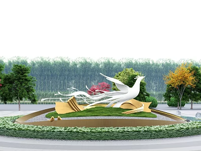 Sculpture With White Bird Spread Wings Golden Wave Decorations Green Trees Bamboo Grove And Lawn 3d model