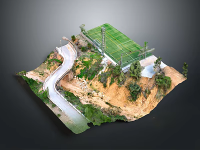 3D Model Of Green Turf Football Field With Curved Road And Hilly Terrain Trees 3d model