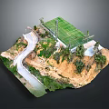 3D Model Of Green Turf Football Field With Curved Road And Hilly Terrain Trees