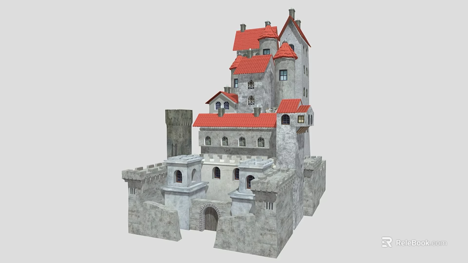 Cartoon Scene Featuring a Castle with Red Roofs Stone Walls and Towers 3d model 