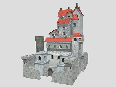 Cartoon Scene Featuring a Castle with Red Roofs Stone Walls and Towers 3d model