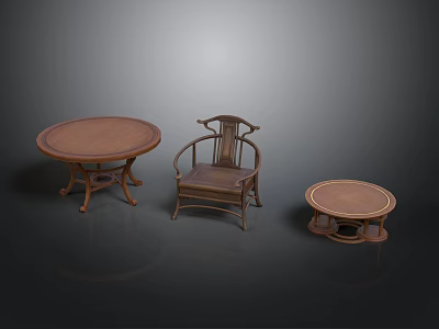 Traditional Wooden Furniture Set With Round Table Chair And Side Table 3d model