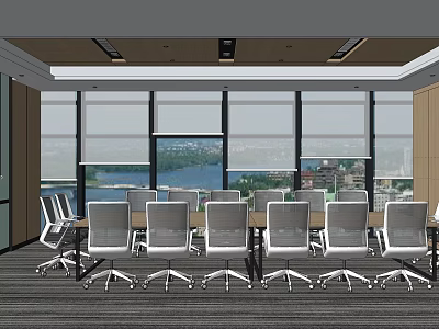 Modern Conference Room With Large Windows Lake View Cityscape Long Table And White Chairs 3d model
