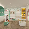 Children's Specialty Store With Green White Design And Cartoon Bear Display Shelves