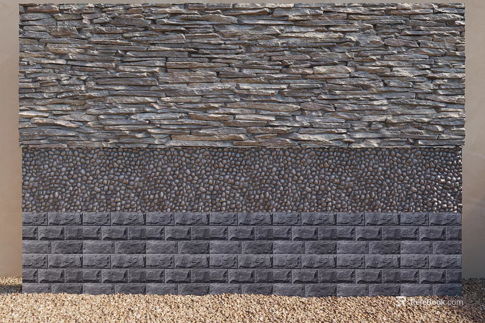 Textured Building Exterior Wall Design With Stone Slate Pebble And Brick Elements 3d model