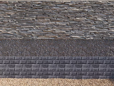 Textured Building Exterior Wall Design With Stone Slate Pebble And Brick Elements 3d model