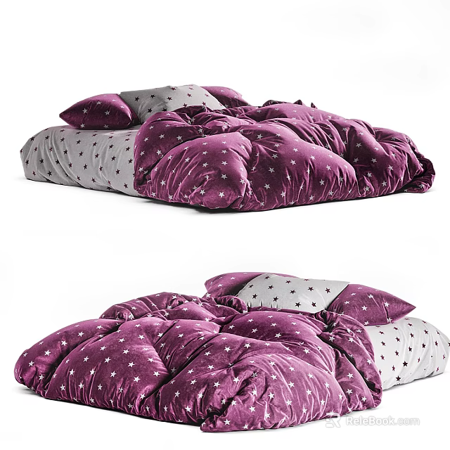 Cozy Purple Star Patterned Children's Bed With Soft Quilt And Decorative Pillows 3d model 