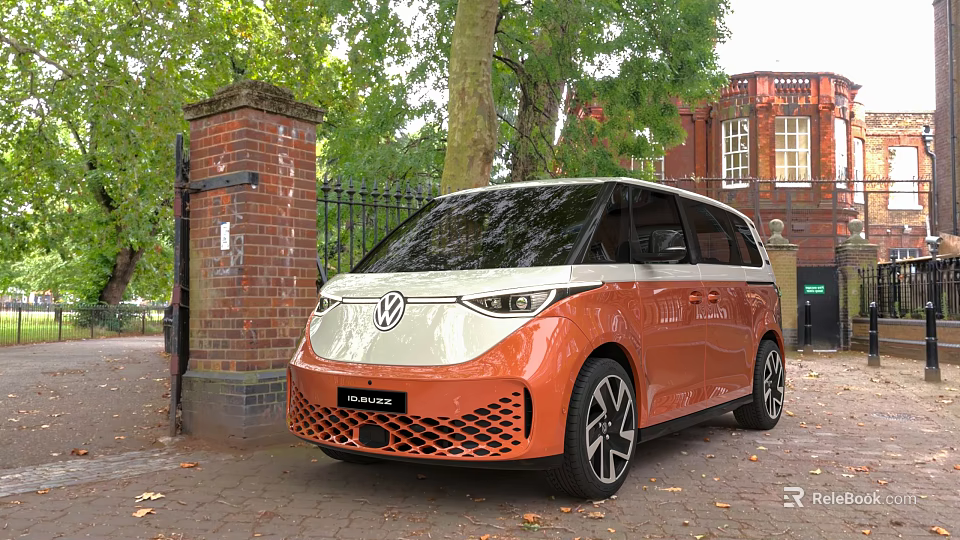 Volkswagen ID Buzz Orange Electric Van Parked Outdoors 3d model 