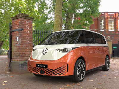 Volkswagen ID Buzz Orange Electric Van Parked Outdoors 3d model