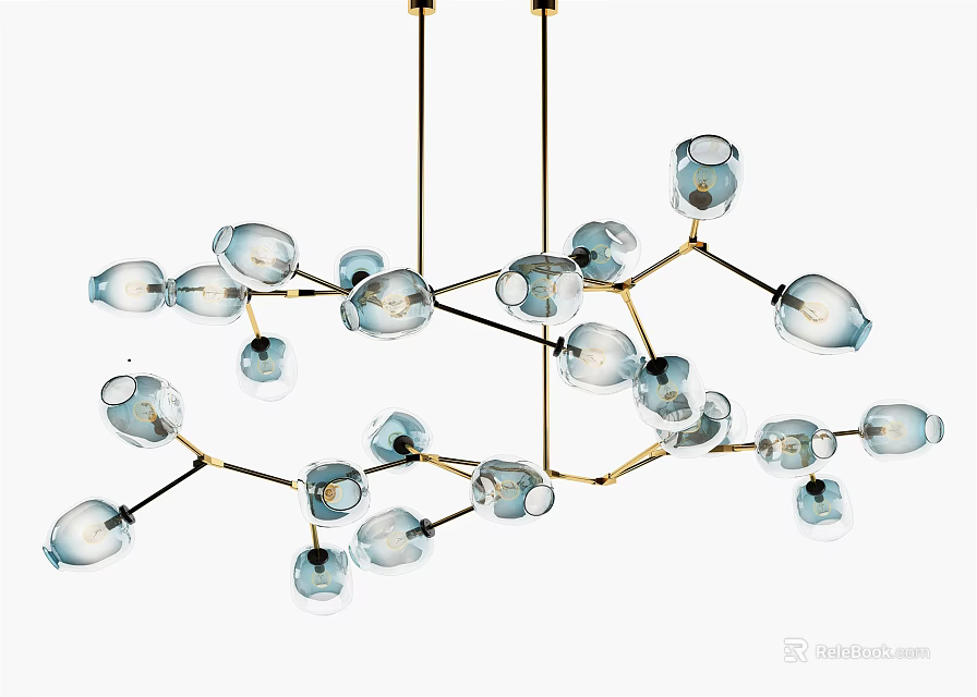 Modern Artistic Chandelier With Glass Shades And Golden Metal Branch Structure 3d model 