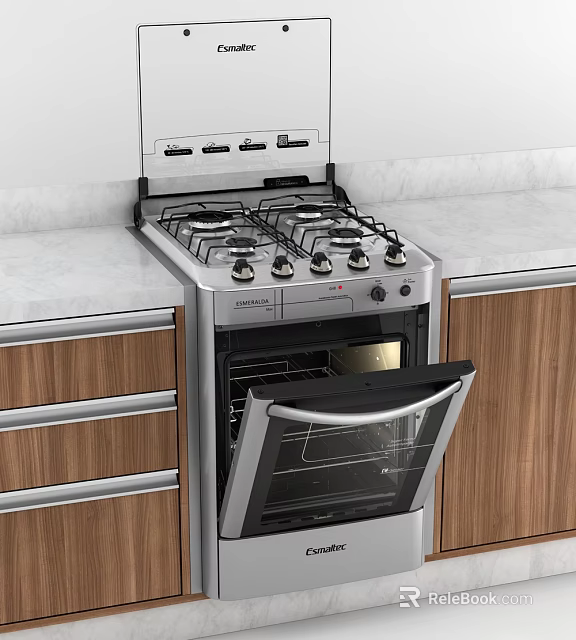 Modern Kitchen Gas Stove And Oven With Wooden Cabinets And Marble Countertop 3d model 