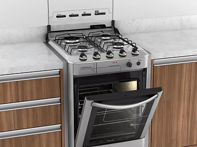 Modern Kitchen Gas Stove And Oven With Wooden Cabinets And Marble Countertop 3d model