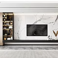 Modern TV Background Wall Design With Marble Texture Wooden Accents And Built-in Shelves