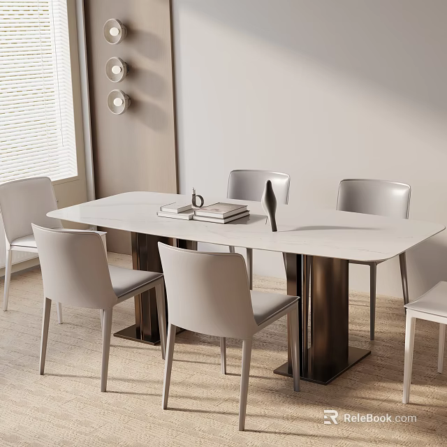 Modern Dining Table Set With White Marble Top Metal Legs And Four Gray Chairs 3d model 