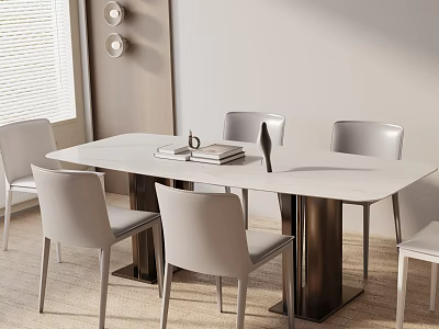 Modern Dining Table Set With White Marble Top Metal Legs And Four Gray Chairs 3d model