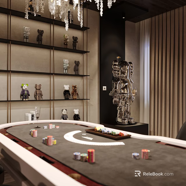 Elegant Hotel Mahjong Room Interior With Mahjong Table Chips And Decorative Figurines On Shelves 3d model 