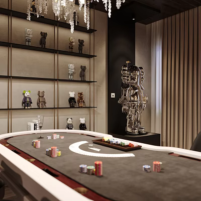 Elegant Hotel Mahjong Room Interior With Mahjong Table Chips And Decorative Figurines On Shelves 3d model