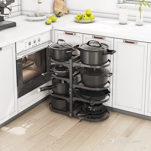 Modern Kitchen Interior With White Cabinets And Black Pot Rack Holding Multiple Pots 3d model 