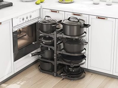 Modern Kitchen Interior With White Cabinets And Black Pot Rack Holding Multiple Pots 3d model