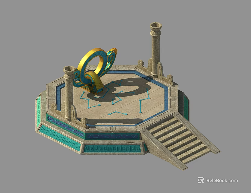 Ancient Platform Structure With Circular Ring Tall Columns Stone Stairs And Geometric Patterns 3d model