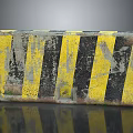Worn Concrete Road Barrier Block With Yellow And Black Stripes And Scratches