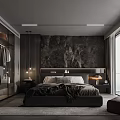 Modern Bedroom With Walk In Closet Dark Textured Wall And Floor To Ceiling Windows