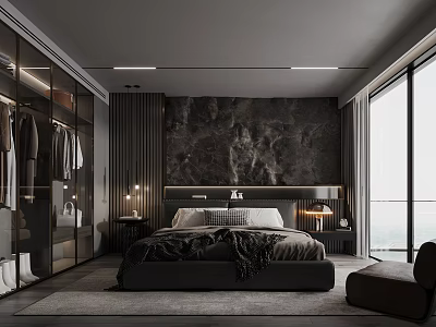 Modern Bedroom With Walk In Closet Dark Textured Wall And Floor To Ceiling Windows 3d model