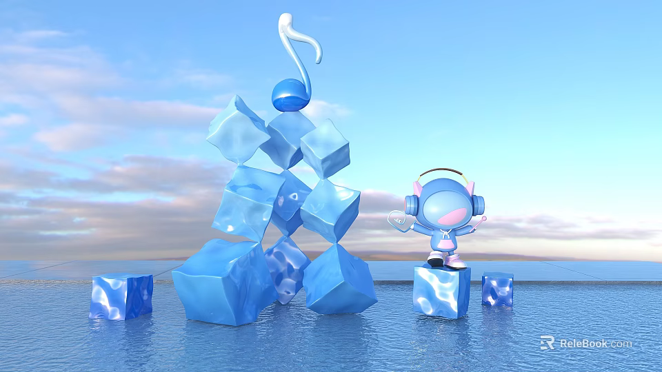 Blue Ice Cubes Music Note And Headphone Cartoon Photo Check-in Spot By Water Surface 3d model 