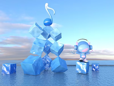 Blue Ice Cubes Music Note And Headphone Cartoon Photo Check-in Spot By Water Surface 3d model