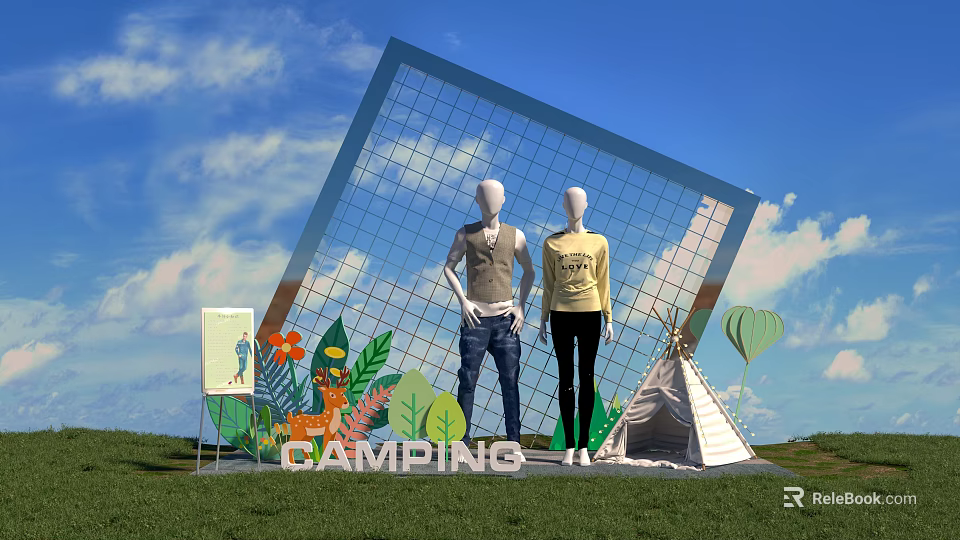 Camping Clothing Display With Mannequins Outfit Grid Frame Tepee And Green Plants Decor 3d model 