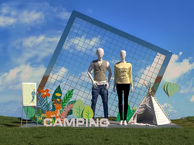 Camping Clothing Display With Mannequins Outfit Grid Frame Tepee And Green Plants Decor 3d model