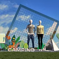 Camping Clothing Display With Mannequins Outfit Grid Frame Tepee And Green Plants Decor