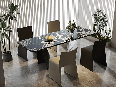 Modern Dining Table Set with Marble Tabletop and Chairs in Bright Room with Potted Plants 3d model
