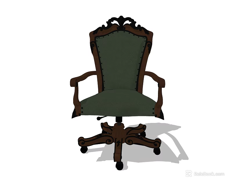 Vintage Wooden Office Chair With Carved Details Green Padded Seat And Swivel Wheels 3d model 