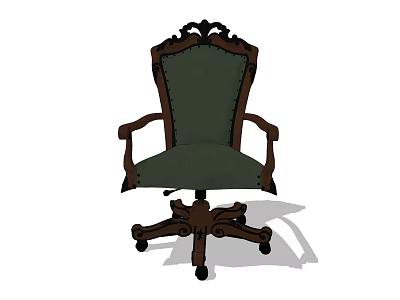 Vintage Wooden Office Chair With Carved Details Green Padded Seat And Swivel Wheels 3d model