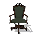 Vintage Wooden Office Chair With Carved Details Green Padded Seat And Swivel Wheels