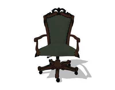 Vintage Wooden Office Chair With Carved Details Green Padded Seat And Swivel Wheels 3d model