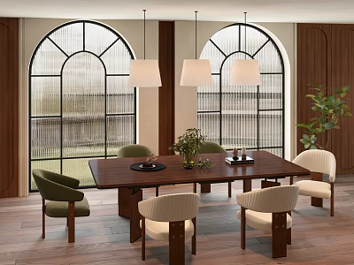 Restaurant Interior With Arched Windows Wooden Dining Table Chairs Pendant Lights And Green Plant 3d model