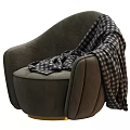 Modern Single Sofa With Curved Back Light Gray Upholstery And Dark Plaid Blanket