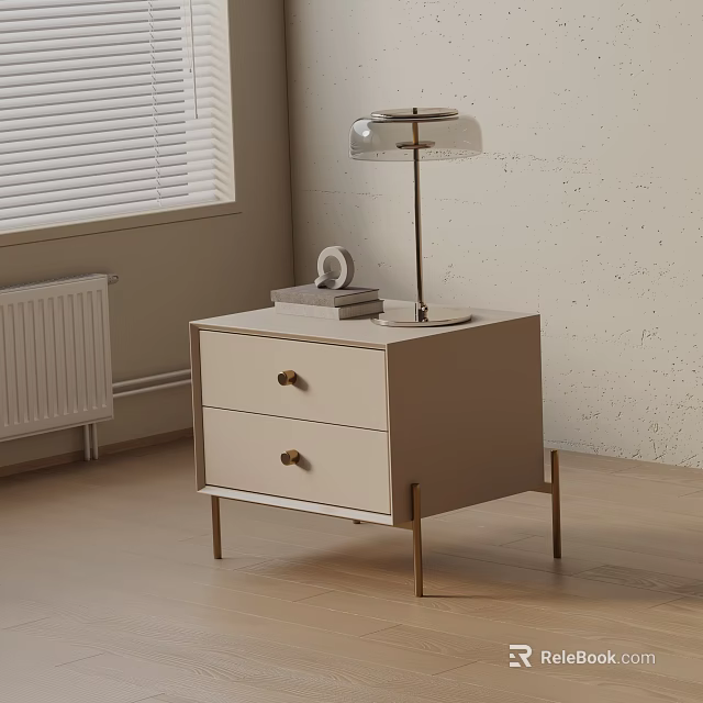 Modern Beige Bedside Table With Two Drawers Gold Handles Table Lamp Decorative Item And Books 3d model 