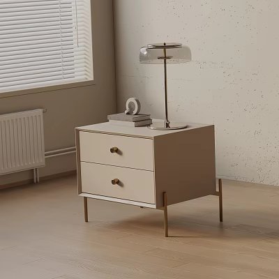 Modern Beige Bedside Table With Two Drawers Gold Handles Table Lamp Decorative Item And Books 3d model