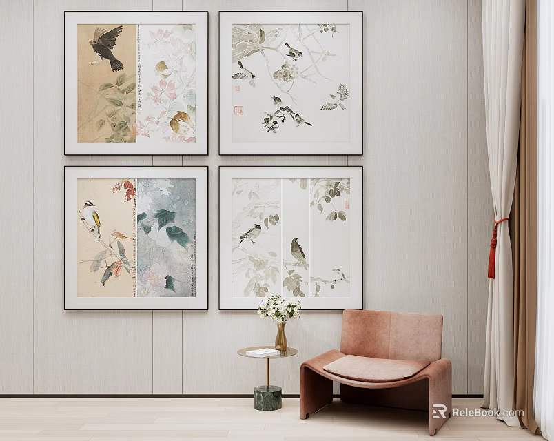 Four Decorative Paintings With Birds And Floral On Beige Wall With Chair And Side Table 3d model 