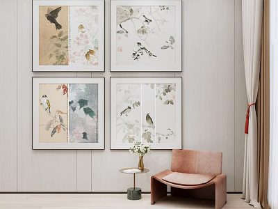 Four Decorative Paintings With Birds And Floral On Beige Wall With Chair And Side Table 3d model