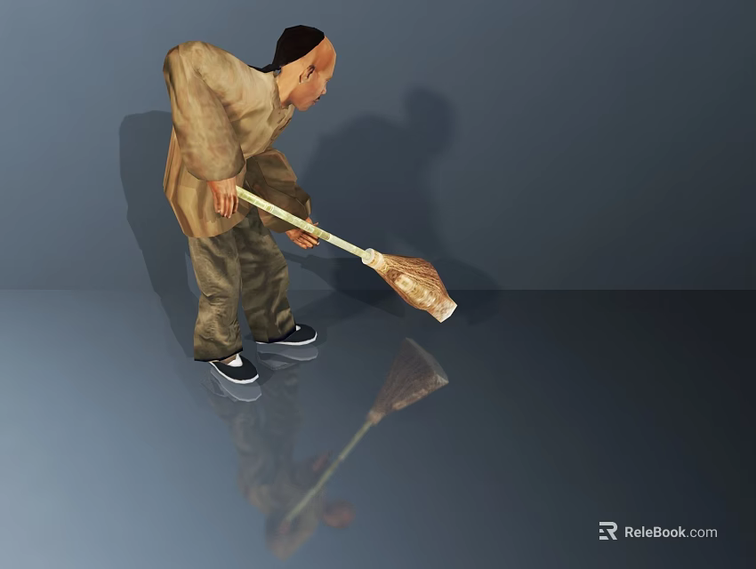 Game And Movie Character Sweeping Floor With Broom In Gray Background And Floor Reflection 3d model 
